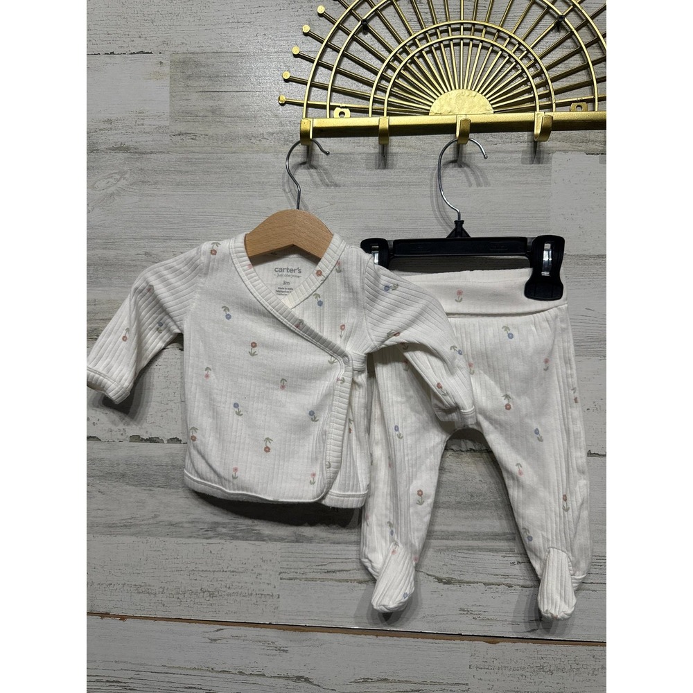 Carter's Just One You Kimono Set Girls 3M White Floral Ribbed EUC - Picture 2 of 4
